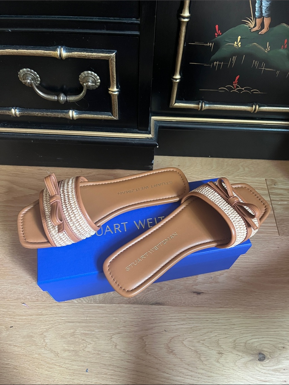 Stuart Weitzman Tan Braided Leather Slide Sandals